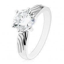 925 silver ring, big round zircon in clear colour, notches on shoulders