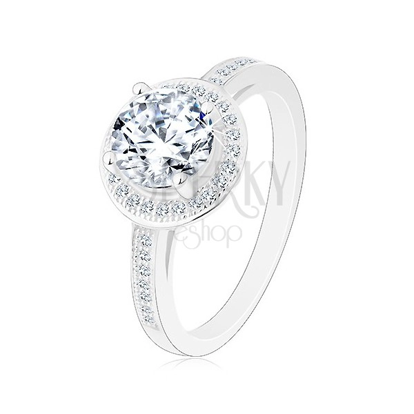 925 silver ring, clear round zircon with clear border, decorated shoulders