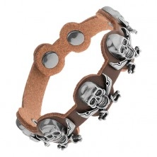 Bracelet made of brown synthetic leather, steel skulls with crossed swords 