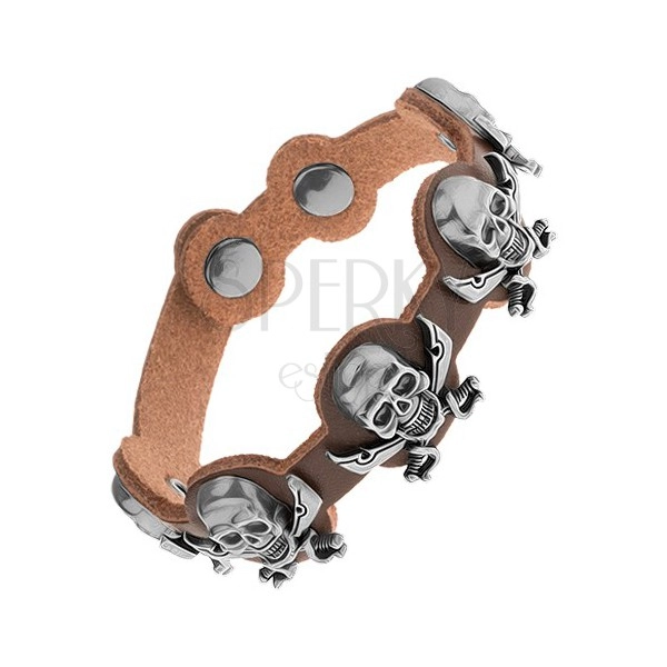 Bracelet made of brown synthetic leather, steel skulls with crossed swords 