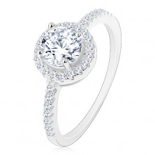 925 silver ring, clear round zircon with clear border, decorated shoulders