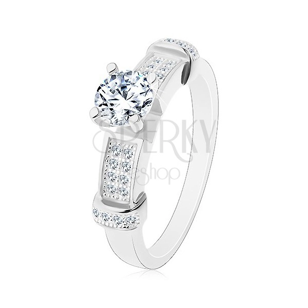 925 silver ring, round zircon in clear colour, decorative shoulders
