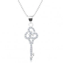 925 silver necklace, chain with pendant, clear glossy key, zircons