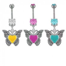 Belly ring with zircon - butterfly and painted heart
