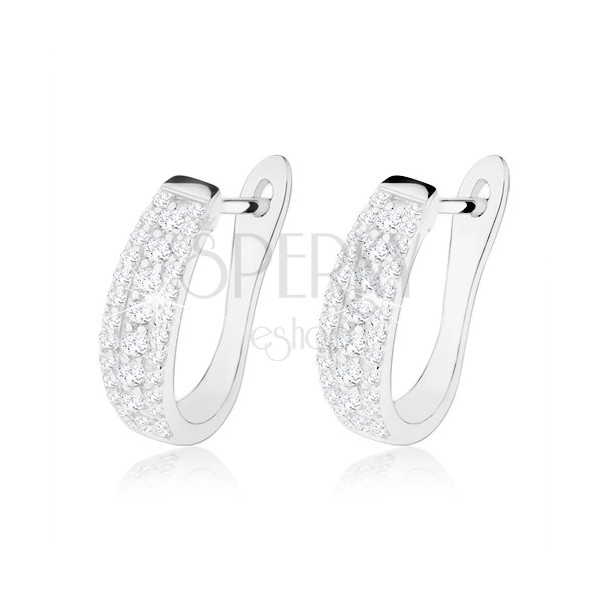 Rhodium plated earrings, 925 silver, arc inlaid with sparkly clear zircons
