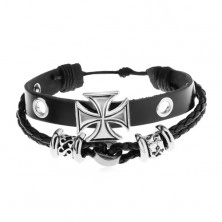 Bracelet made of leather in black colour, steel beads, Maltese cross