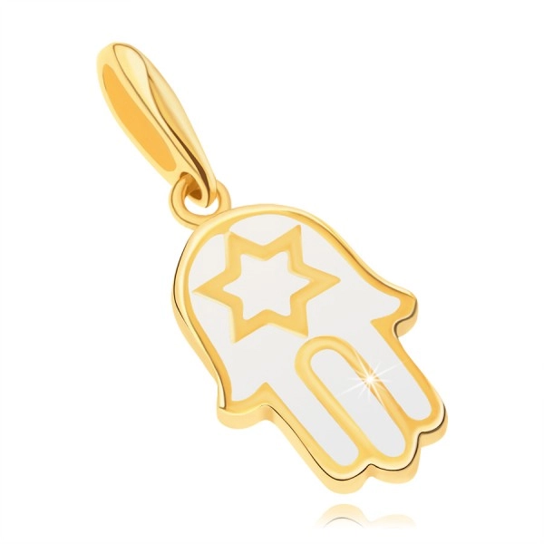 585 gold pendant - hand of Fatima covered with glaze in white colour, star