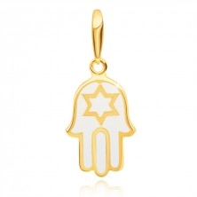 585 gold pendant - hand of Fatima covered with glaze in white colour, star