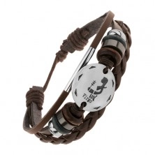 Adjustable leather bracelet, circle in silver colour, zodiac sign VIRGO