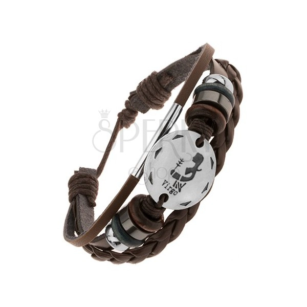 Adjustable leather bracelet, circle in silver colour, zodiac sign VIRGO