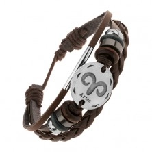 Adjustable leather bracelet, circle in silver colour, zodiac sign ARIES 
