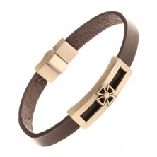 Bracelet made of dark brown leather, matt patinated tag, Maltese cross