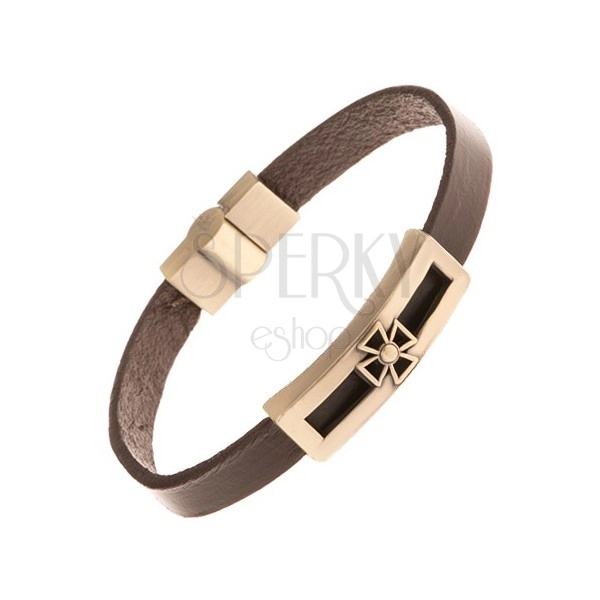 Bracelet made of dark brown leather, matt patinated tag, Maltese cross