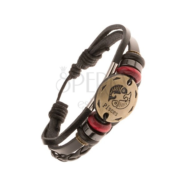 Multibracelet made of brown synthetic leather - circle with zodiac sign PISCES, beads