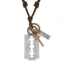 Adjustable leather necklace, pandants - razor, cross, tag and hoops