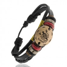 Adjustable bracelet, circle with zodiac sign - SCORPIO, beads made of wood and steel