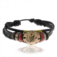Adjustable bracelet, circle with zodiac sign - SCORPIO, beads made of wood and steel