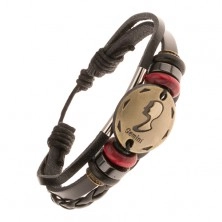 Bracelet made of synthetic leather in brown colour, zodiac sign - GEMINI, beads