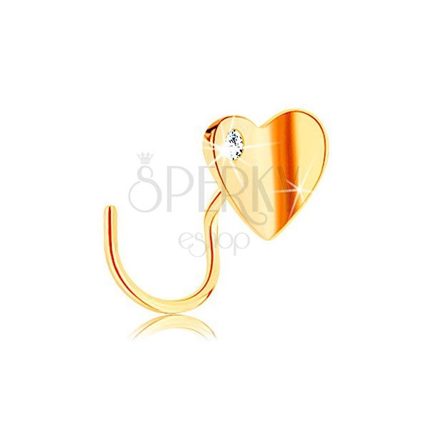 585 gold nose piercing, curved - shiny bent heart with zircon 
