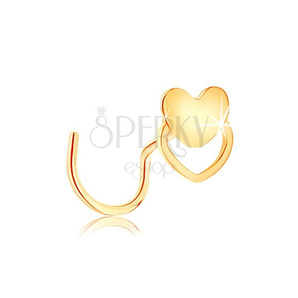 Curved nose piercing in yellow 14K gold - heart and heart contour