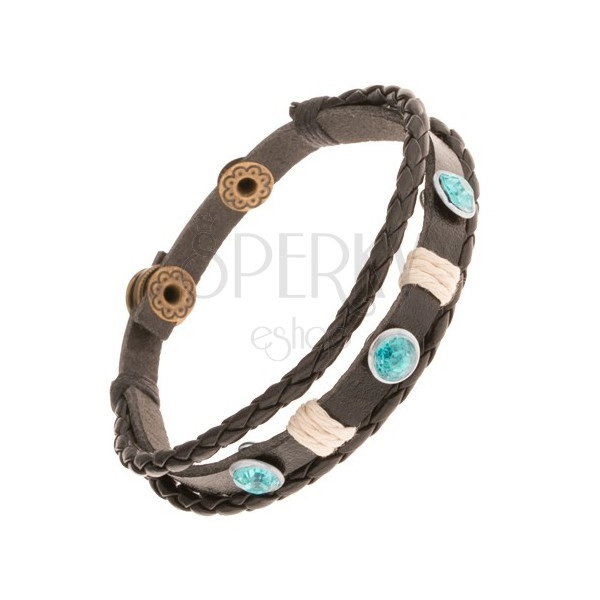 Bracelet made of leather strips, three round zircons in aquamarine colour