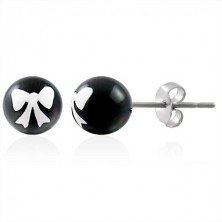 Steel earrings, black ball with white bow, stud fastening
