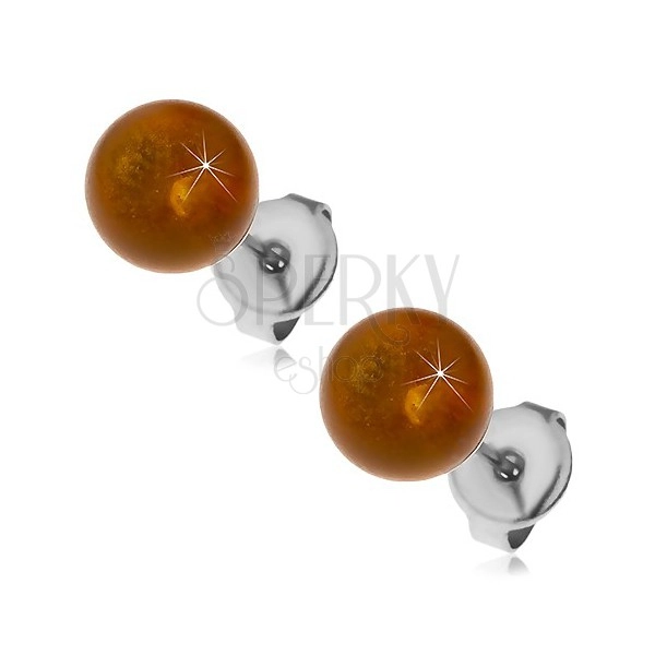 Steel stud earrings, yellow-brown balls, 8 mm