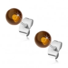 Stud steel earrings, semi-transparent yellow-brown balls, 6 mm