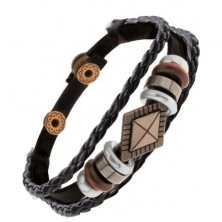 Bracelet made of black leather strips with beads made of metal and wood, rhombus