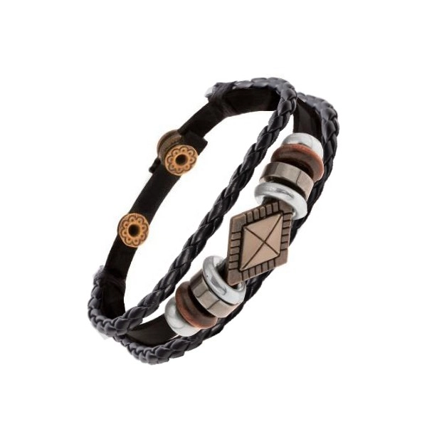 Bracelet made of black leather strips with beads made of metal and wood, rhombus
