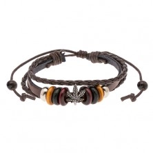 Multibracelet made of synthetic leather, steel and wooden beads, cannabis leaf