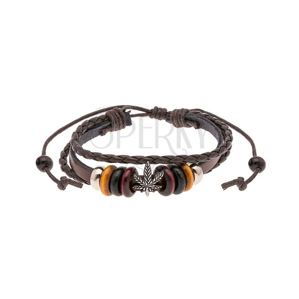 Multibracelet made of synthetic leather, steel and wooden beads, cannabis leaf