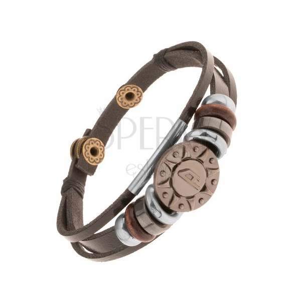 Adjustable leather bracelet composed of three strips, beads, steel sun