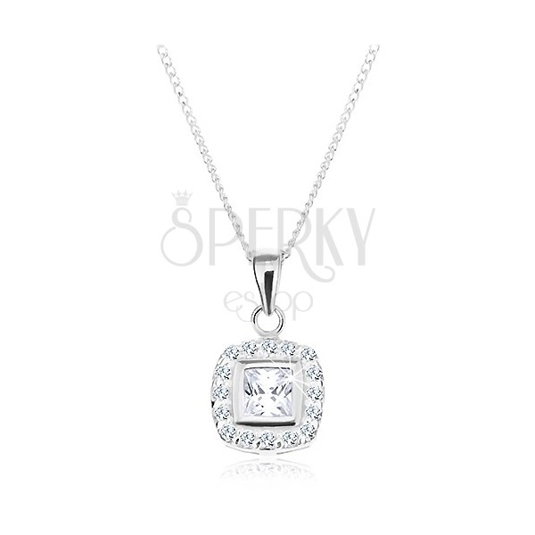 925 silver necklace, pendant on chain, clear zircon square with border