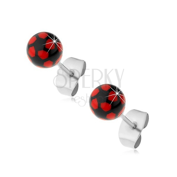 Steel earrings, black-red balls, stud fastening