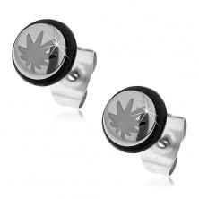 Steel earrings in silver colour, circle with black cannabis leaf