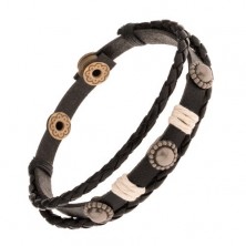 Bracelet made of leather, three round flowers, strings in beige colour