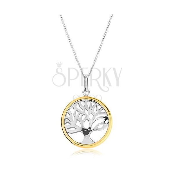 925 silver necklace with bicoloured pendant - shiny tree of life in circle