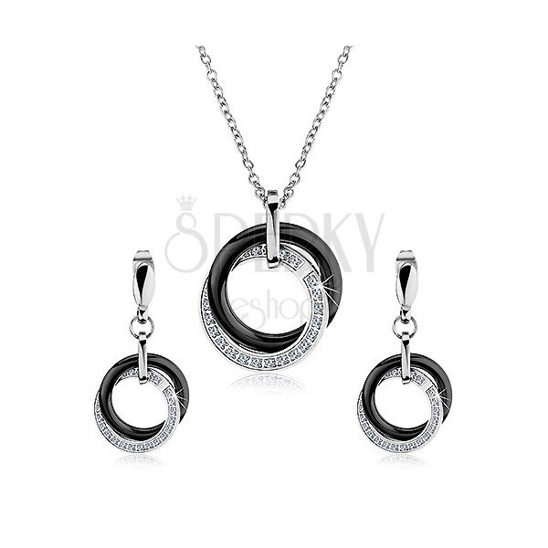Set of necklace and earrings made of 316L steel, joined steel and ceramic circles