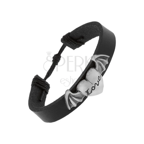 Leather bracelet in black colour, big protruding heart with inscription and wings