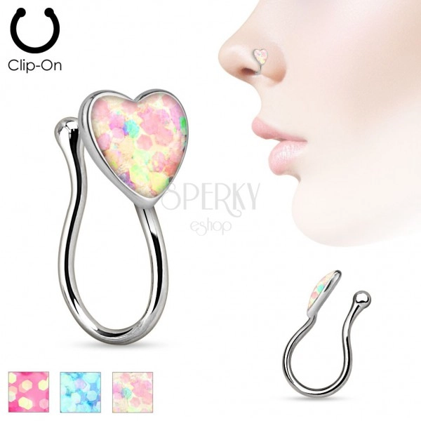 Fake nose piercing made of surgical steel, glossy opal heart