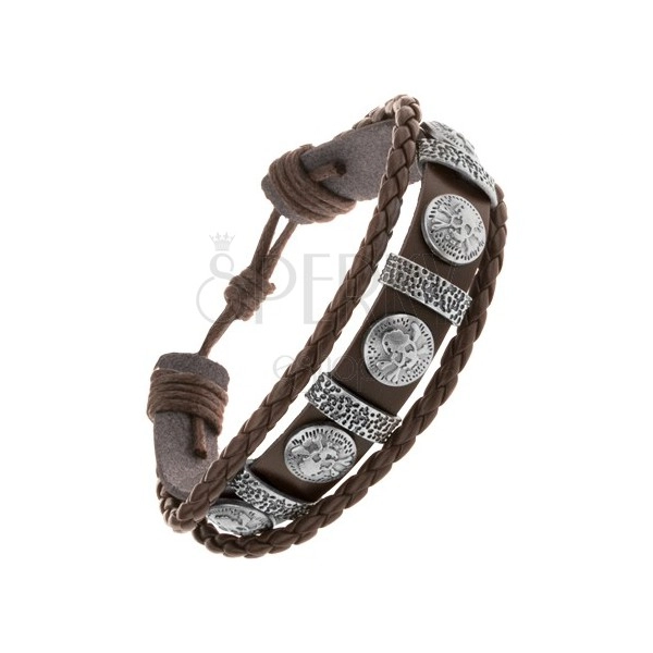 Bracelet made of dark brown synthetic leather, steel ovals and circles with skulls