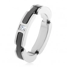 Steel ring in silver colour, cut-outs with ceramic strips, clear zircon