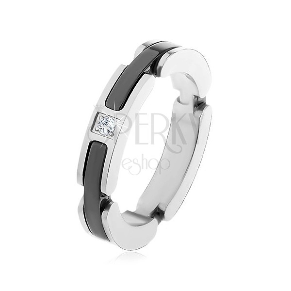 Steel ring in silver colour, cut-outs with ceramic strips, clear zircon