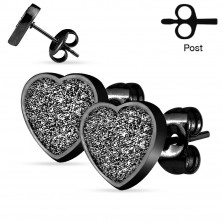 Steel stud earrings, sparkly heart with sanded surface
