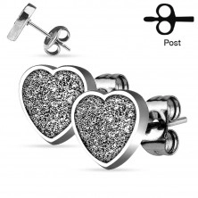 Steel stud earrings, sparkly heart with sanded surface