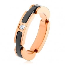 Band made of 316L steel and ceramic, clear zircon, cut-outs with black strips