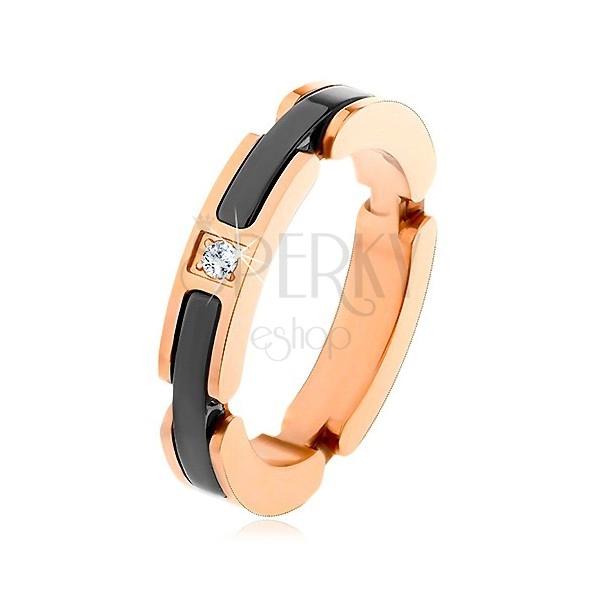 Band made of 316L steel and ceramic, clear zircon, cut-outs with black strips