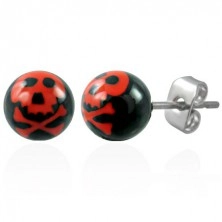 Steel earrings, black balls - red skull