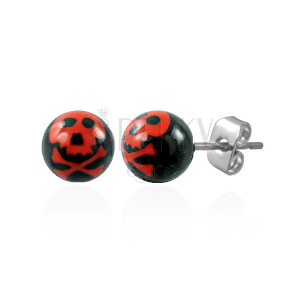 Steel earrings, black balls - red skull